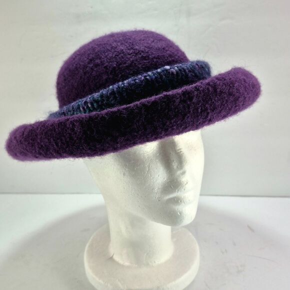 Handmade Purple Felted Wool Hat w/ Green Blue Crochet Band Boho Retro main image 4